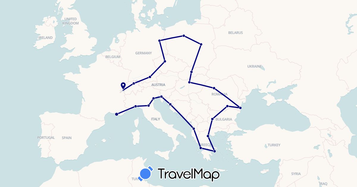 TravelMap itinerary: driving in Albania, Bulgaria, Switzerland, Czech Republic, Germany, France, Greece, Croatia, Hungary, Italy, Poland, Romania, Slovakia (Europe)